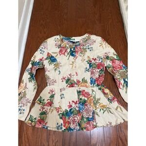 Adrienne Vittadini Vintage 100% Linen Floral Peplum Button Front Blouse Cream 4